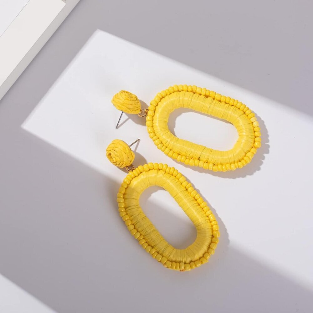 Beaded Raffia Earrings Boho Drop Dangle Summer Ca… - image 5